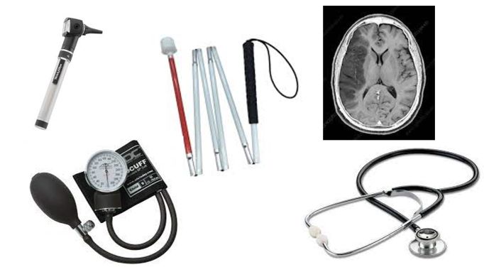 tools used by physicians with vision loss include white cane, stethoscope, otoscope, blood pressure cuff, and brain MRI